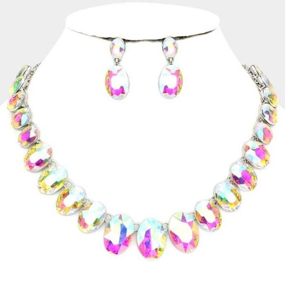 Oval Abalone Crystal Link Evening Silver Necklace Set - Picture 1 of 6